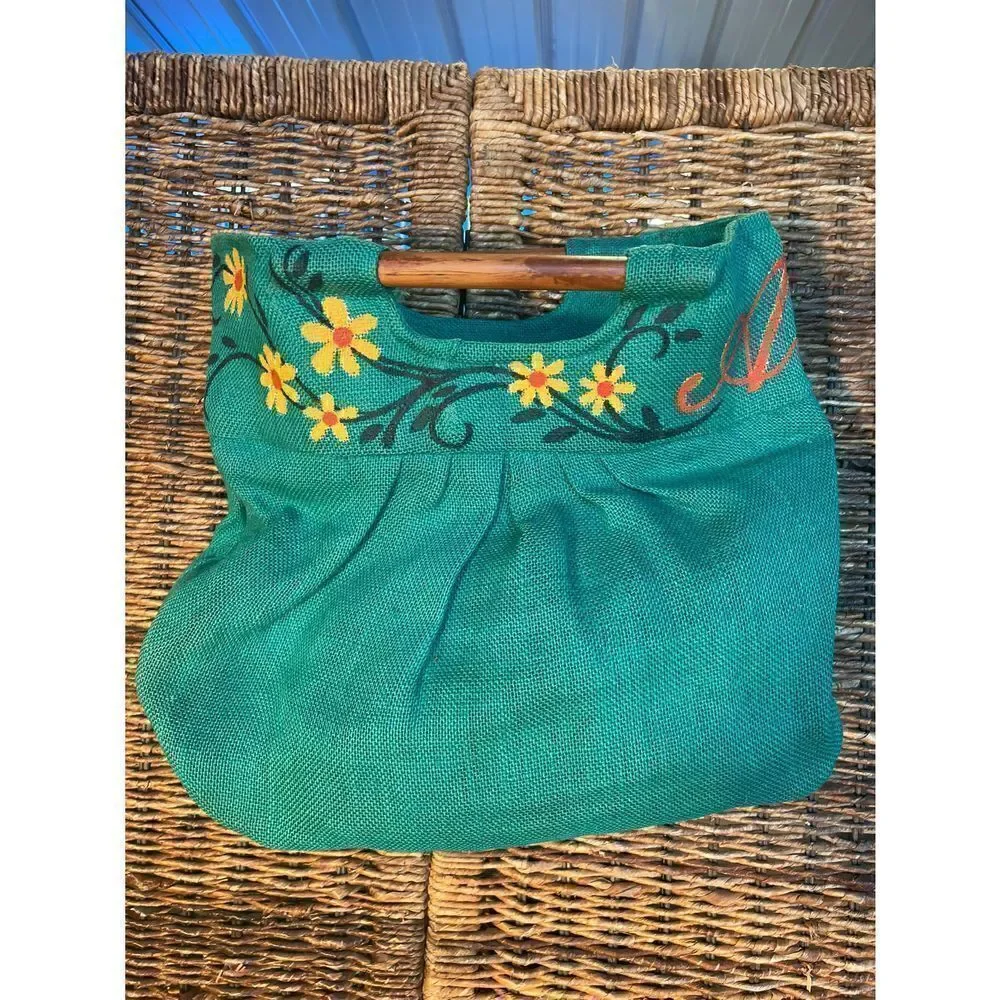Green Boho Burlap Satchel/Handbag-NWOT